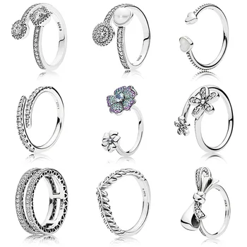 

Silver Color Ring Charms Pave Logo Signature Classic Lotus Rice Ear Bow Crystal Round Ring For Women Jewelry