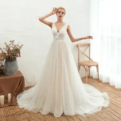 Элегантное свадебное платье с v-образным вырезом и открытой спиной из тюля с кружевной аппликацией ТРАПЕЦИЕВИДНОЕ Кружевное Свадебное