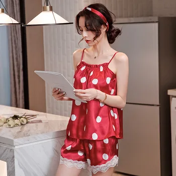 

2Pcs Plus Size silk Pajama Set Sexy sling Top And Shorts V-Neck Sleeveless Sleepwear Set Dot Print Shorts Set