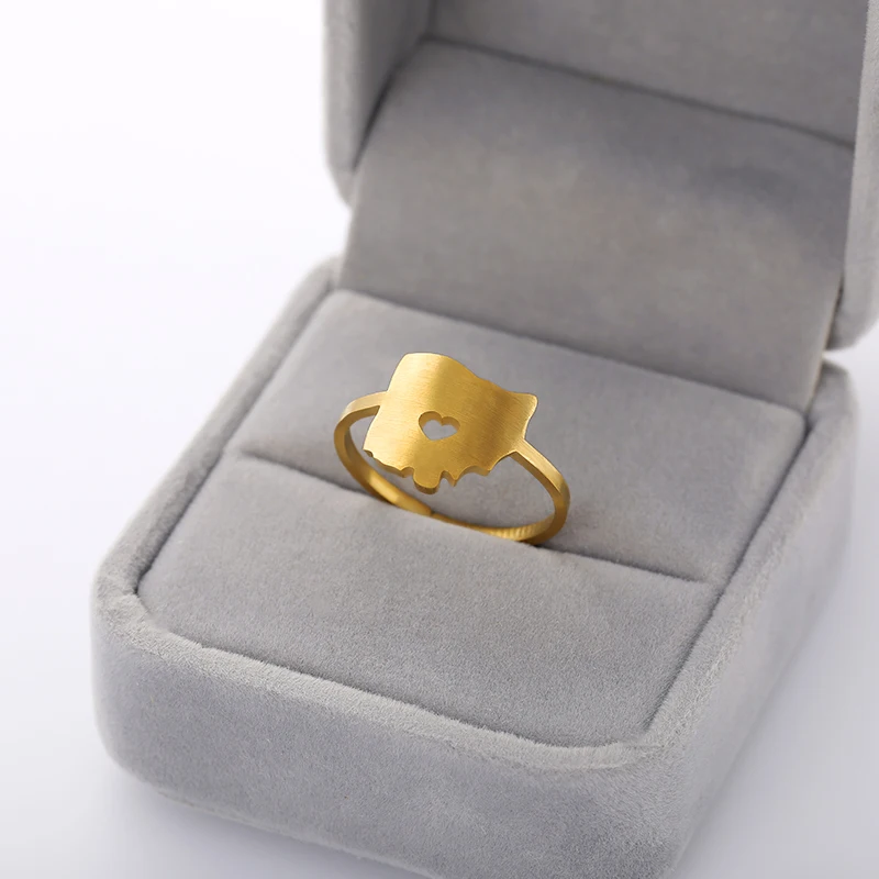 

Stainless Steel Gold Color Adjust Midi Minimalist Stackable Map Outline Heart California Map Rings for Women Men Memory Gift