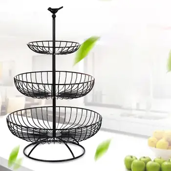 

Household 3-Tier Fruit Plate Countertop Metal Fruit Basket Black Vintage Tray Stand Storage Basket Round Cake Storage Shelf