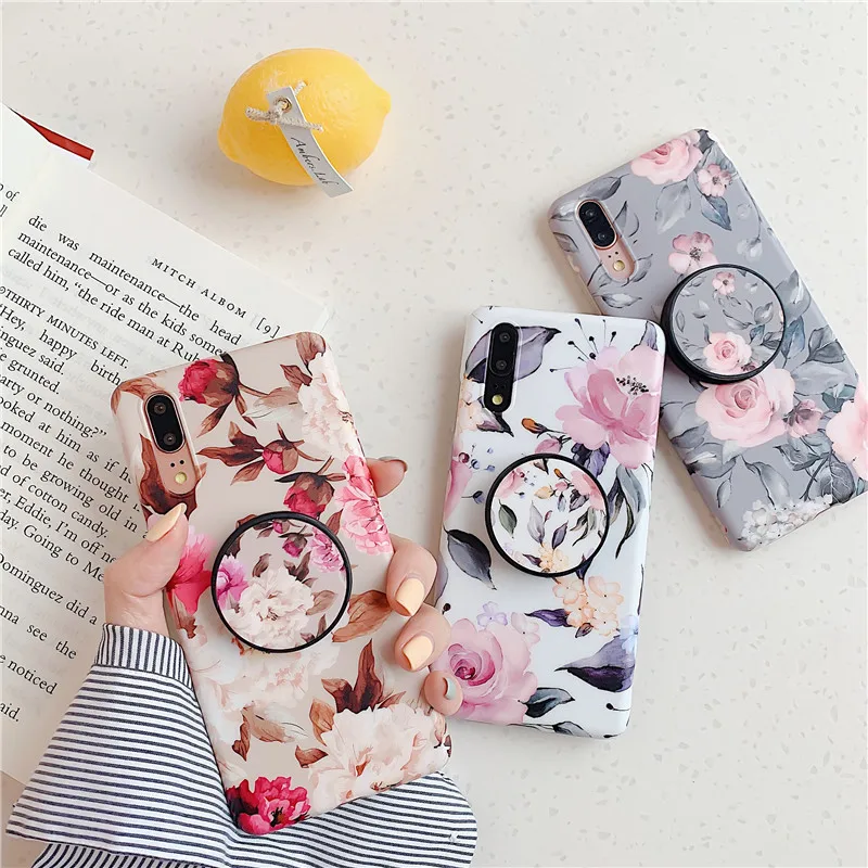 

Phone Case with Ring Foldable bracket For Huawei P20 P30 pro lite mate20 pro lite Retro gray rose floral flower stand Back cover