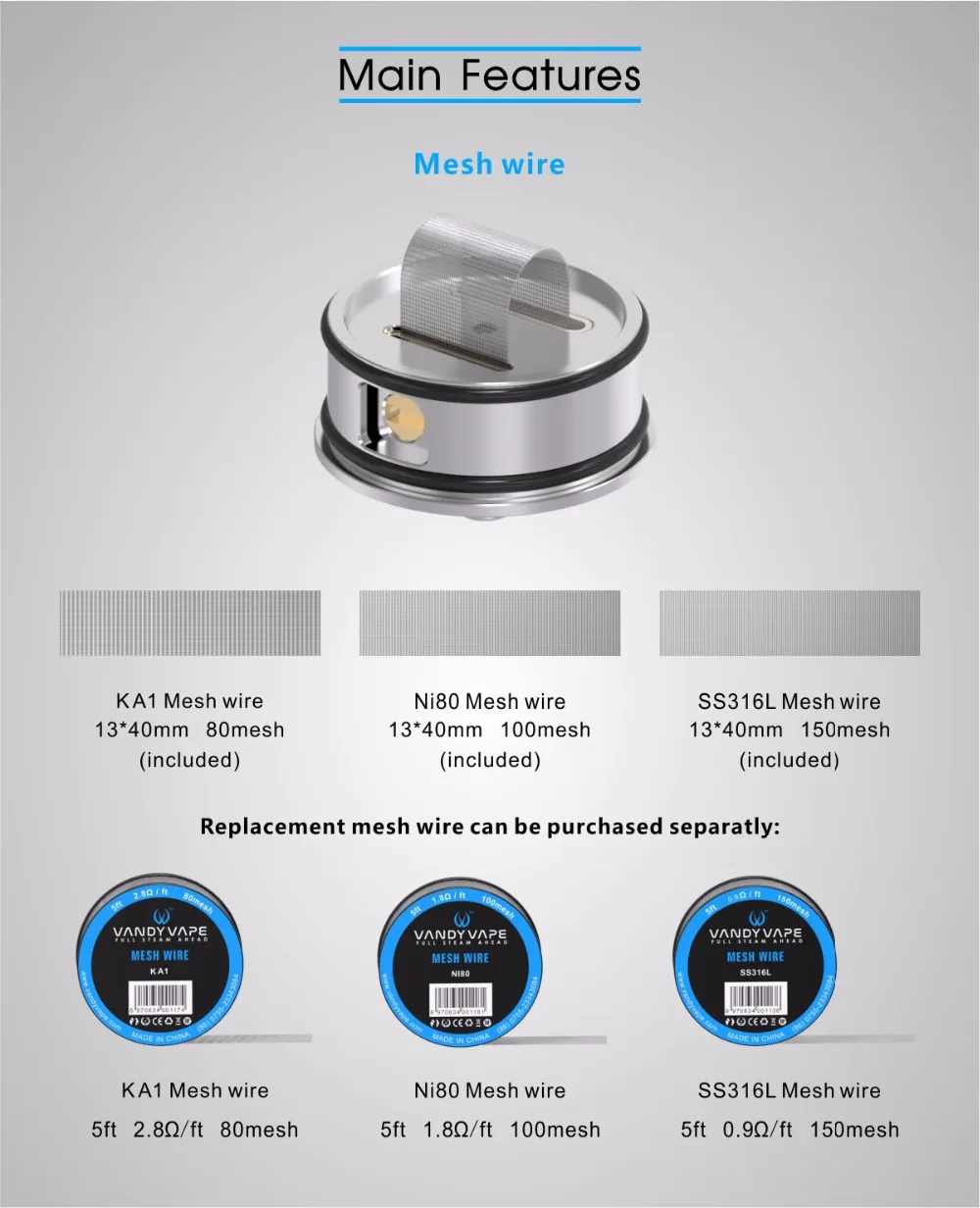 5 футовый Vandy Vape Mesh Wire KA1 80 mesh/Ni80 100mesh SS316L 150 200mesh Coil Wire для электронных сигарет Mesh RDA RTA Atomizer