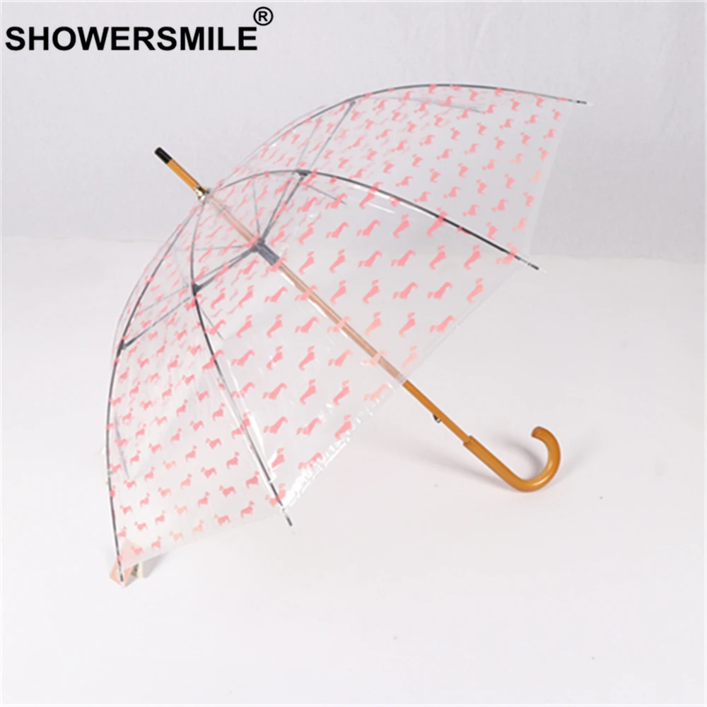 SHOWERSMILE Transparent Umbrella Rain Women Wooden Handle Parasol Dog Print Fashion Ladies Hanging Brand Adult Guarda Chuva