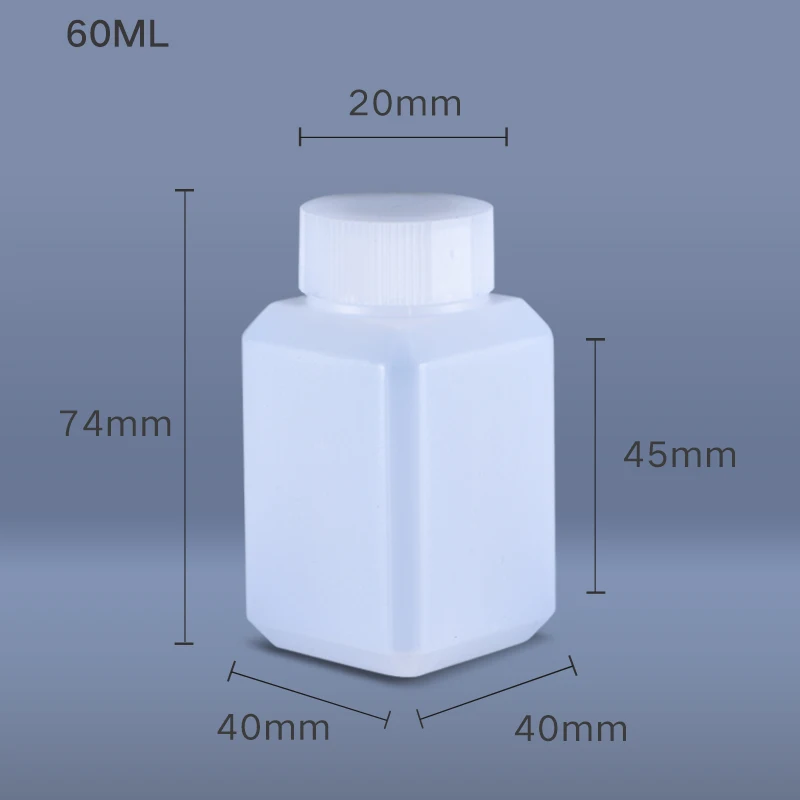 60ml Portable Small Mouth Plastic Bottle Empty Square Container Reagent Liquid Oil Airtight Sealing 10PCS