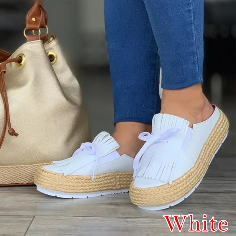 White 2 WENYUJH; женские парусиновые лоферы; обувь на толстой плоской подошве; женские эспадрильи; женская повседневная обувь на плоской подошве со шнуровкой и круглым носком - Цвет: White 2