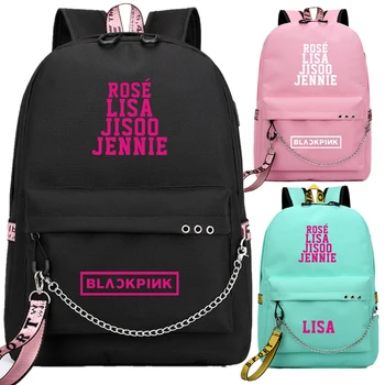

Rose BlackPink Lisa USB Backpack School Book Bag Black Pink Mochila Travel Bags Laptop Chain Backpack W/ Headphone USB Port