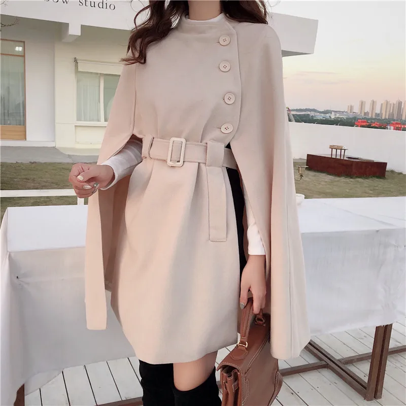 RUGOD Korean New Style Solid Color Loose Cape Coat Collect Waist Woolen Medium Long Coat Women Winter Tops For Woman