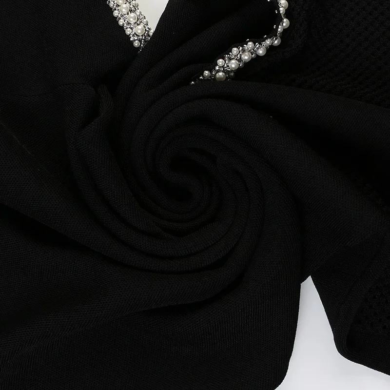 Tunjuefs Slim Fit выдалбливают карманы вязаное платье для женщин Vestido жемчужное Бисероплетение элегантное облегающее платье пуловеры комбинезон
