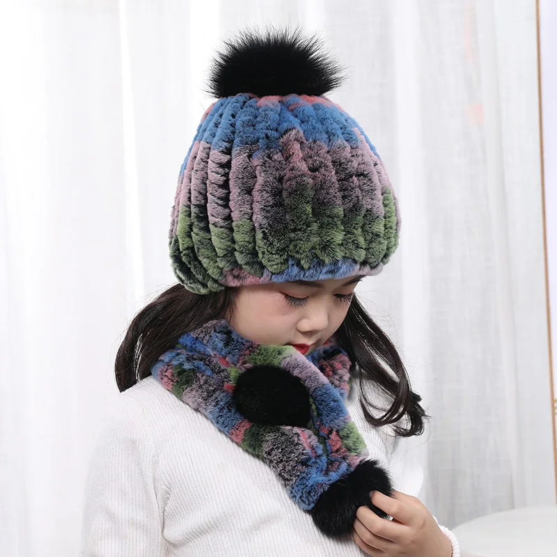 Шапка из меха кролика рекс кролик шарф Зимний теплый корейский вязаный шерстяной шапка Детский Комплект Нагрудник