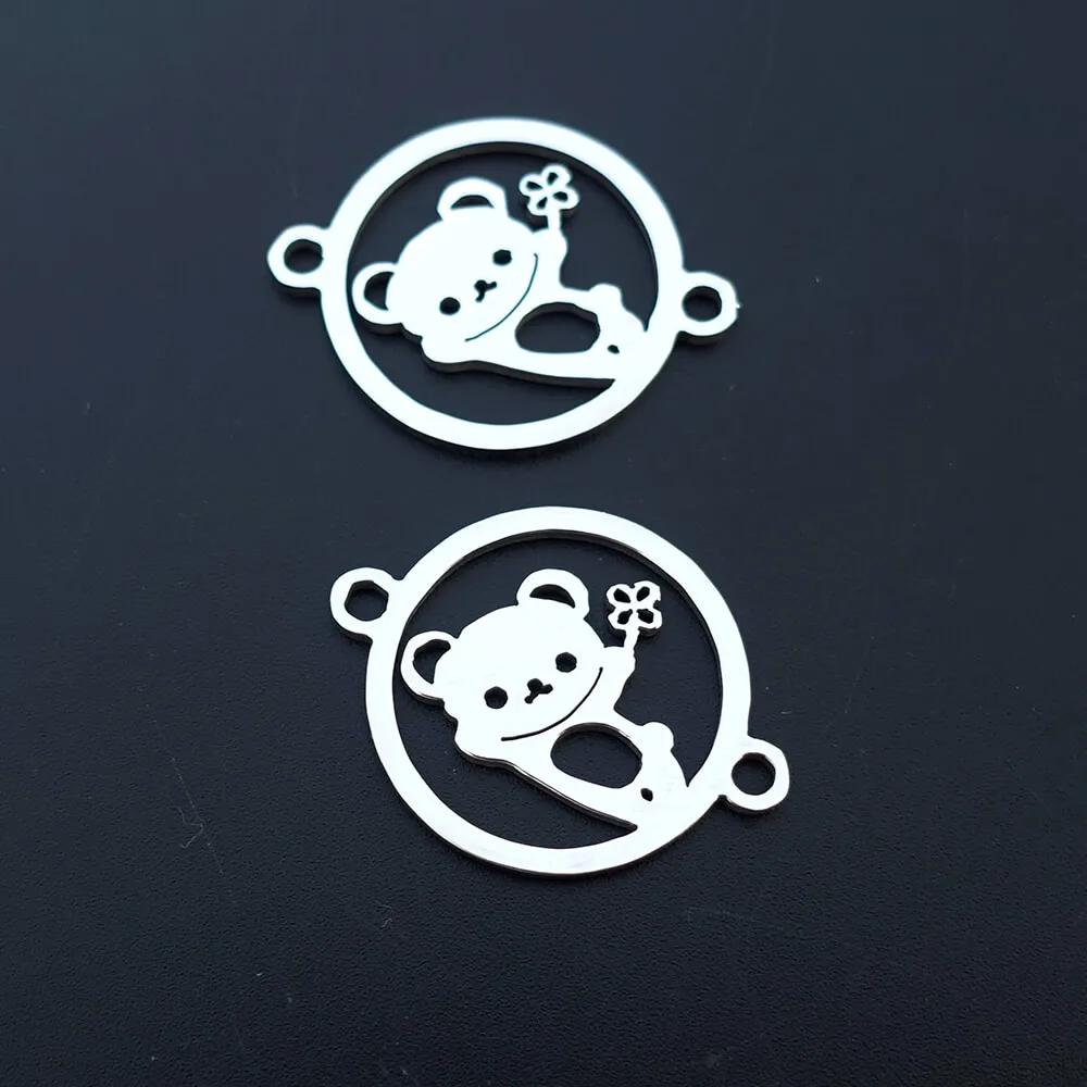 

5 Pieces Cute Teddy Bear With Lucky Four Leaf Clover Connector Link 2 Loop Stainless Steel Jewelry Component Accessories Project