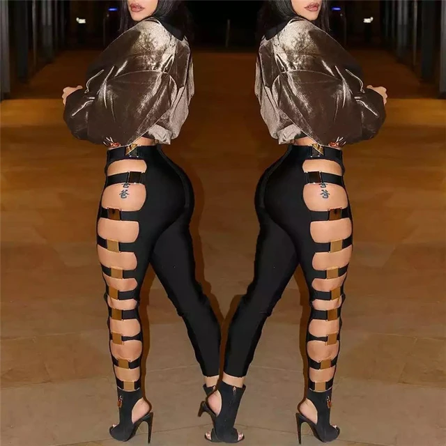 Women Sexy Leggings, Side Hollow Sheer Long Elastic Band High Waist Pants,  Slim-Fit Wild Fashion