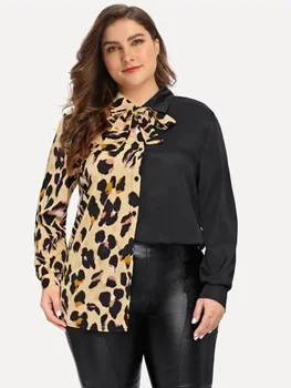 

DM027#Cross-border plus size women's 2020 autumn and winter new leopard print tie long sleeve shirt women,