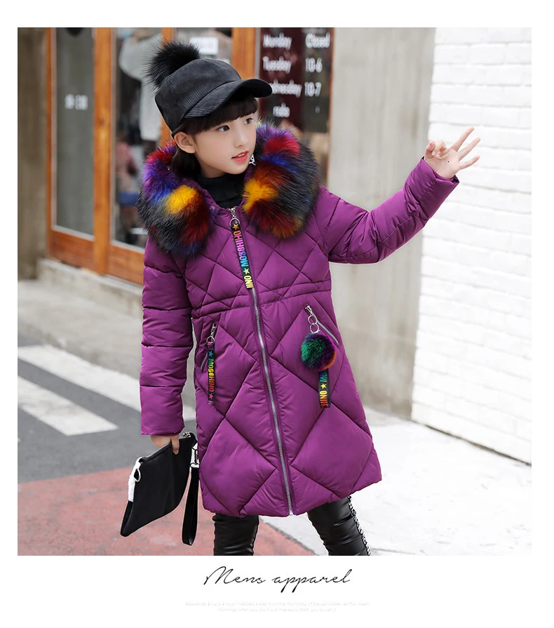 Модная одежда для девочек до-30 градусов верхняя одежда с хлопковой подкладкой, пальто зимняя детская теплая одежда, парка разноцветная куртка с меховым воротником