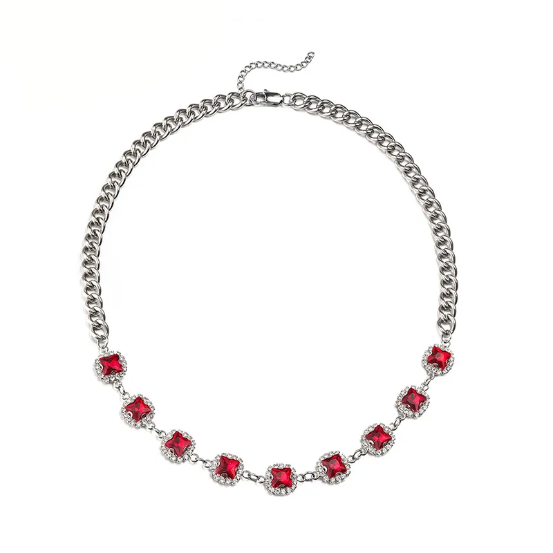 Luxury Red Gems Stone Crystal Chain Necklace Cuban Necklace for Men Women Hip Hop Necklace Iced Out Chain Hip Hop Jewelry Gifts