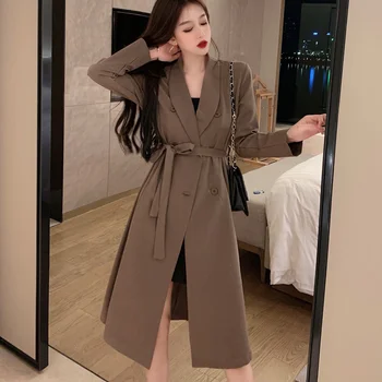 

Waist Strap Belt Jackets Women Long Sleeved Double Breasted Black Coffice Lady Style Knee Length Tops Autumn Outwear Coats