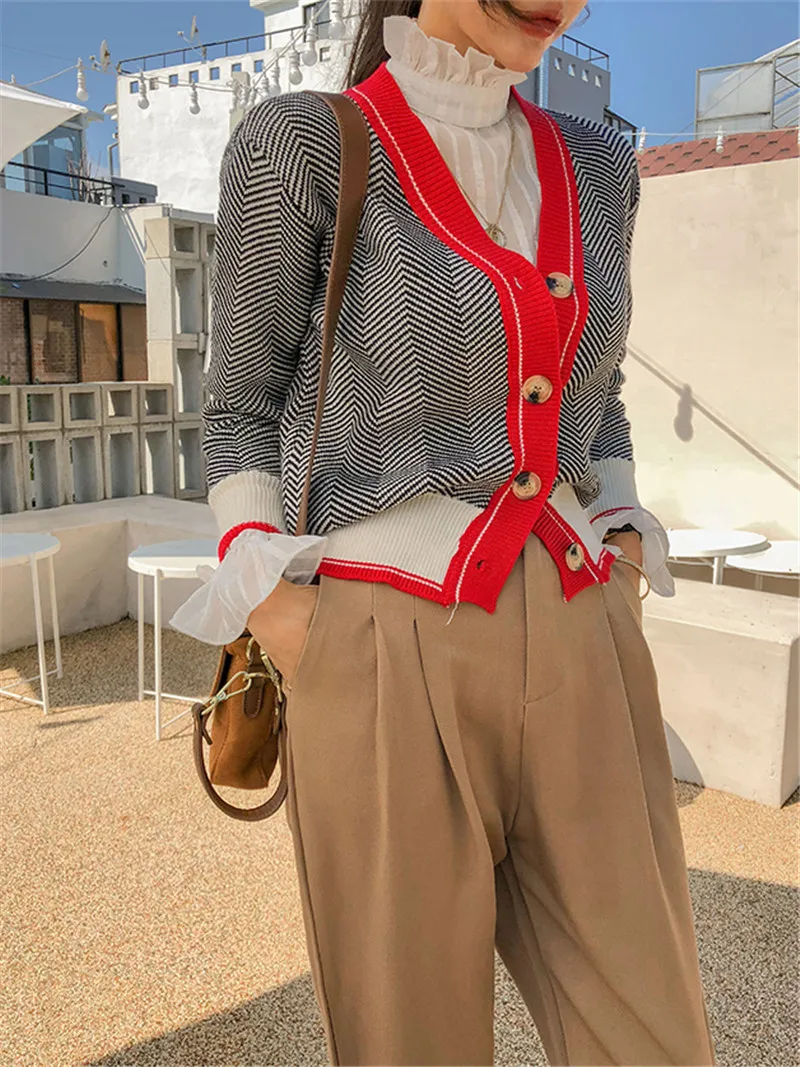 RUGOD вязаный кардиган контрастного цвета, свитер в полоску больших размеров, женские свитера, Зимние Топы для женщин, вязаная одежда Kpop