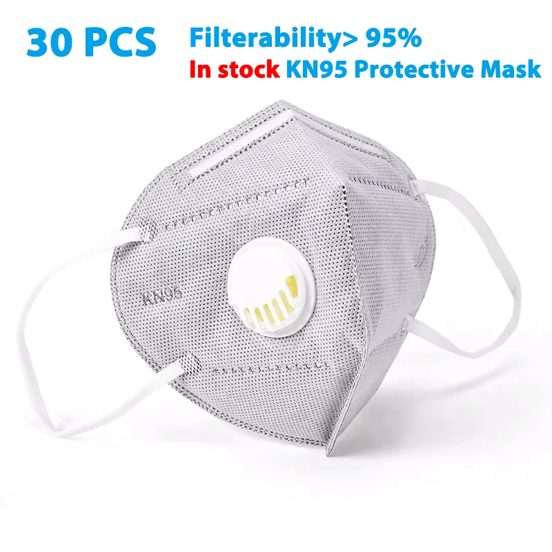 

30PCS In stock KN95 Mask PM2.5 Dust N95 Masks With Valve Breathable Protective Mask Similar to KN94 FFP1 FFP2 FFP3 Face Shield