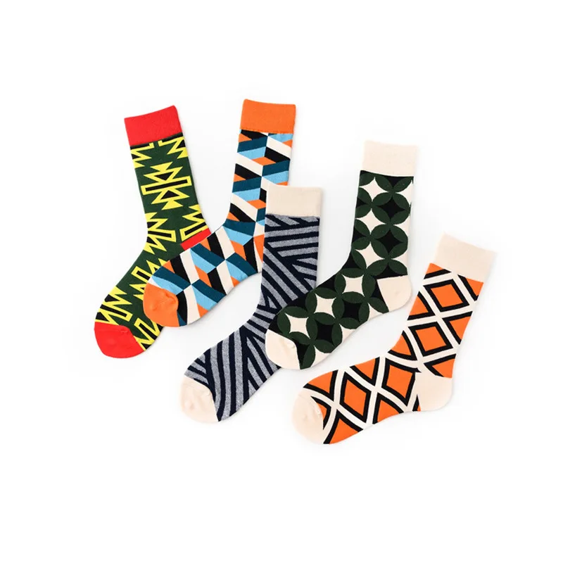 

5 Pairs Fashionable Men Socks Cotton Street Skateboard Happy and Colorful Male Socks with Stripes and Grids 143