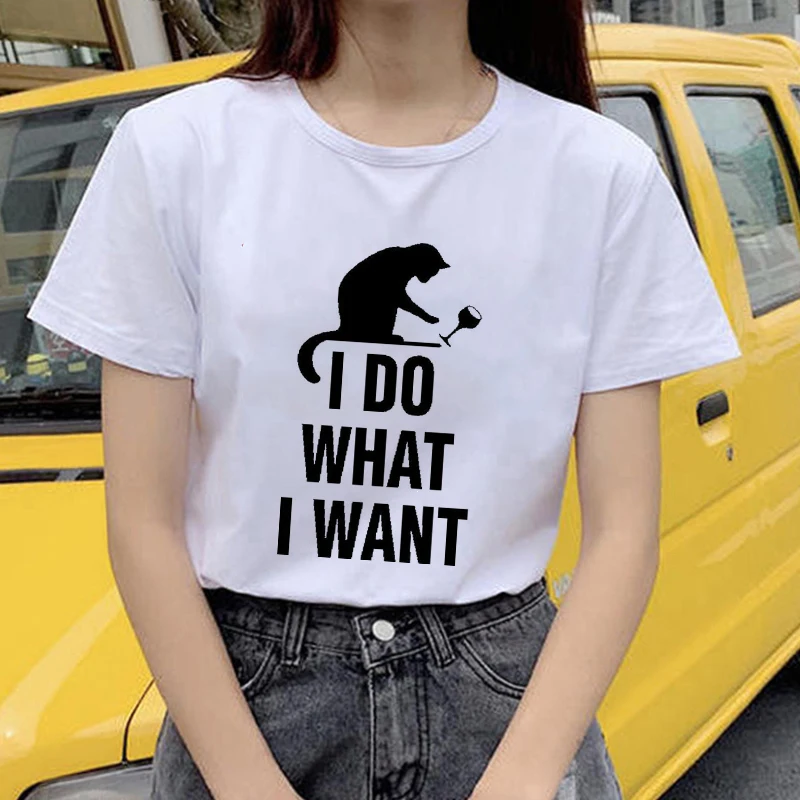 Showtly «I Do What I Want»; с рисунком милого кота футболка с коротким рукавом с изображением мультгероев футболки kawaii футболка Для женщин Harajuku короткий рукав Забавные топы в стиле уллзанг