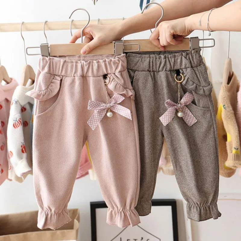Осенние хлопковые однотонные штаны с принтом для маленьких девочек; повседневные брюки с бантом; одежда для малышей; Bottomss