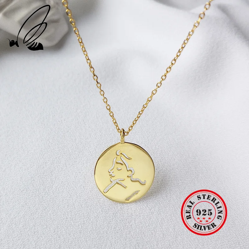 

Beauty Face Pendant Necklace 925 Sterling Silver Coin Gold Cut Bohemian Dainty Long Necklaces Collier Femme 2019 Women Jewelry
