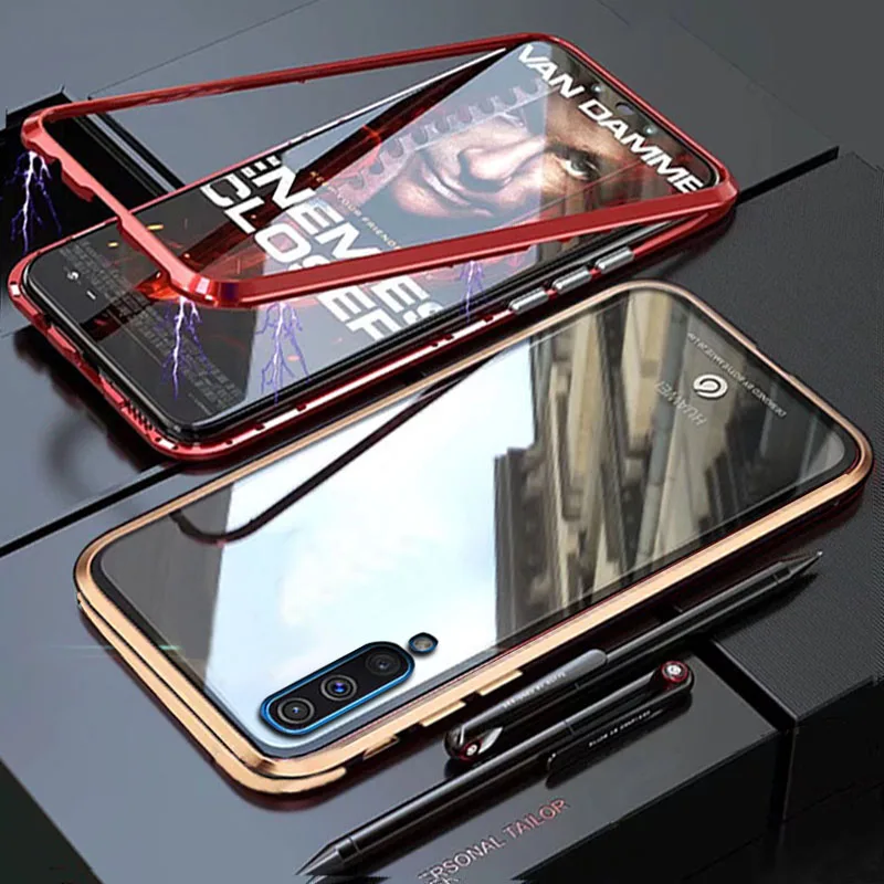 Чехол YonLinTan Coque для samsung galaxy A30 A50 A70, Металлическая магнитная рамка, жесткое закаленное стекло, задняя крышка для телефона