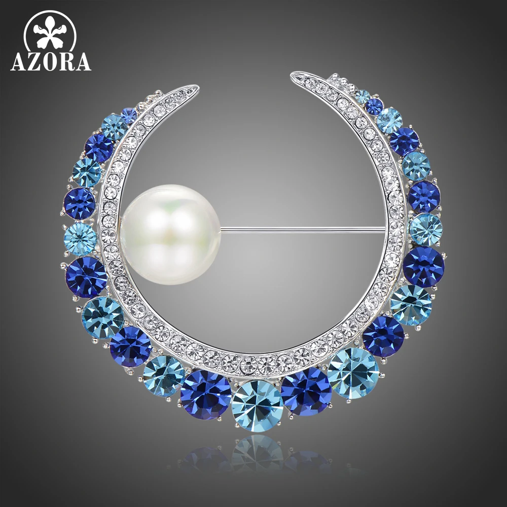 AZORA Blue Austrian Crystals and Pearl Water Drop Brooch Autumn Winter