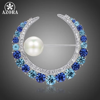 

AZORA Blue Austrian Crystals and Pearl Water Drop Brooch Autumn Winter Fashion Brooches for Women New Deisgn Wedding Pin TP0106