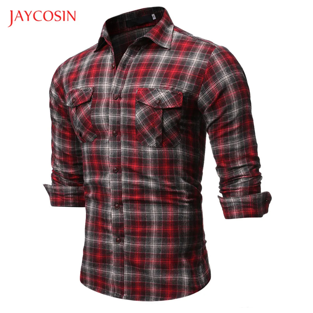Joycosin Новая модная мужская рубашка зимняя повседневная мужская одежда одноцветная Клетчатая Мужская рубашка с длинным рукавом приталенная рубашка с карманом