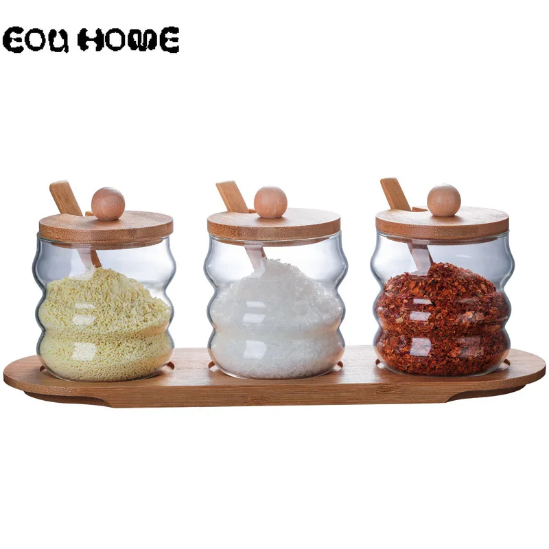 

3 Pcs/Set Transparent Glass Seasoning Rack Spice Pots Bowls with Spoon and Bamboo Bottom Cover-Storage Container Condiment Jars