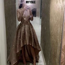 

MYYBLE Reflective Long Sleeves Sequins Evening Dresses 2020 O Neck Neck Ruched High Low A Line Formal Party Prom Dresses