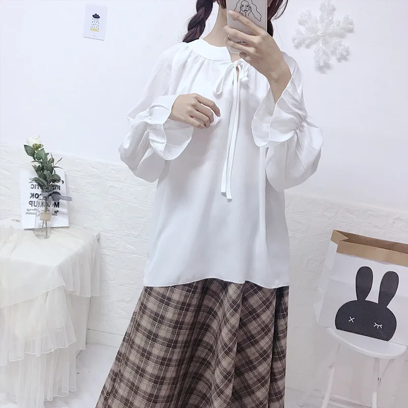 Харадзюку подростковый японский лесной стиль женский свободный свитер жилет Повседневная белая блузка клетчатая Женская юбка