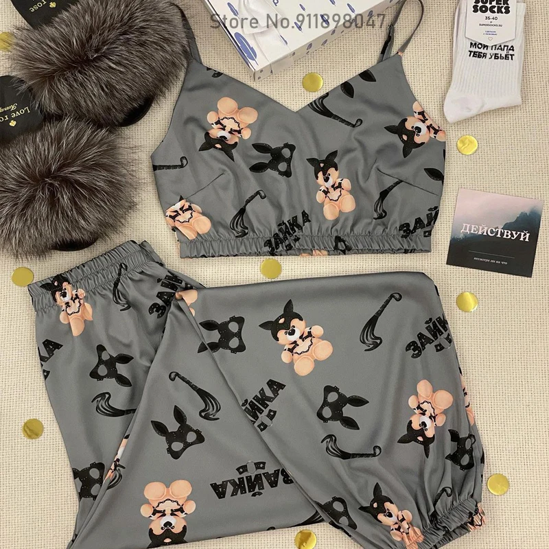 Women's Pajamas Bra Set Woman 3 Pieces Animal Cartoon Print Sleepwear Women Pajama Sets Flare Trouser Suits Nightgown Sexy Woman