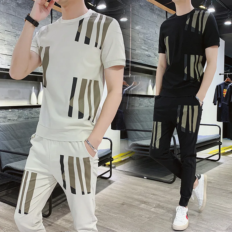 

Hong Kong Style Summer Men Leisure Set Slim Fit Short Sleeve T-shirt Sports Skinny Capri Pants Korean-style Trend Two Pieces-