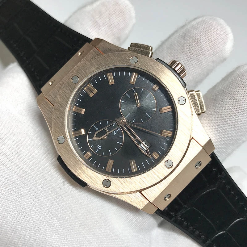 

7 types Mens watch gold case black dial automatic self winding glide smooth second hand leather strap good quality watches