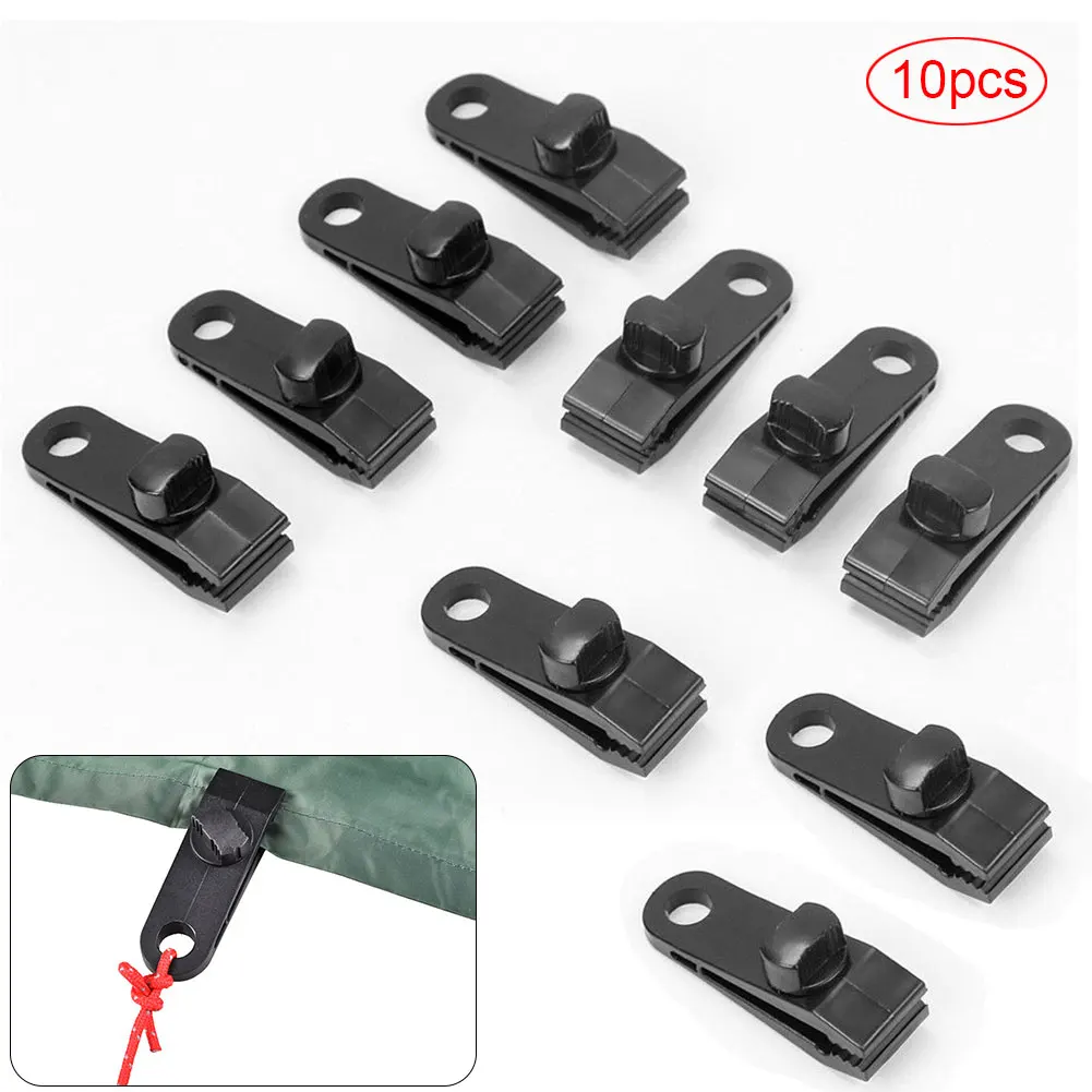 10pcs Buckle Mini Windproof Fixed Tent Clips Outdoor Awning Tarp Clamp Set Survival Grommet Black Hook Strengthen Plastic