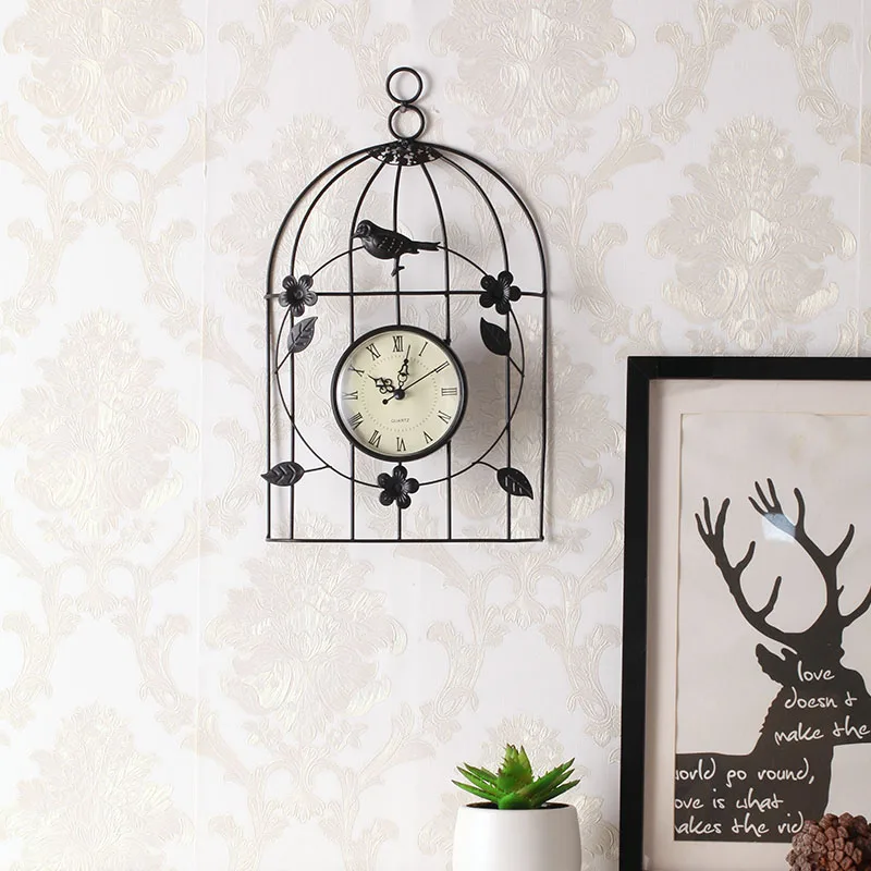 Creative Bird Cage Metal Analog Wall Clock Silent Non Ticking Quality