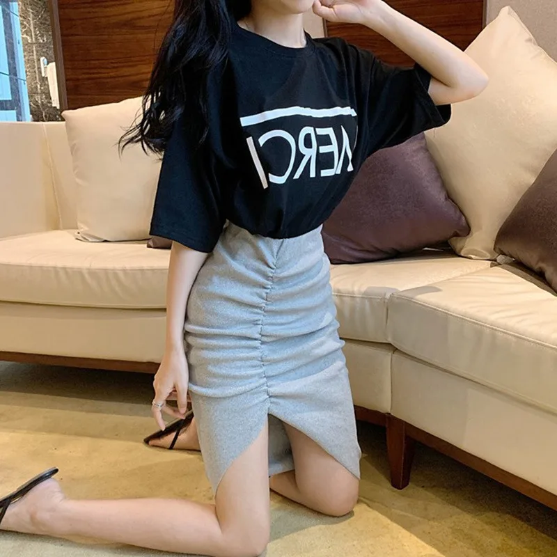 Women High Waist Irregular Skirt Wrap Asymmetric Drape Ruched Skirt Party Office Side Split Slit Midi Skirt M