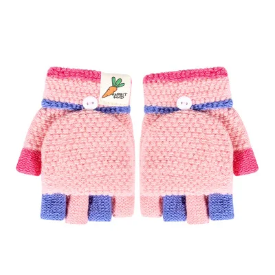 pink Зимние рождественские детские теплые перчатки для начальной школы, кашемировые вязанные перчатки на половину пальцев, рукавицы Мультфильмы для мальчиков и девочек, От 3 до 6 лет - Цвет: pink