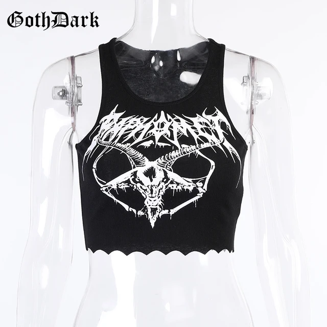 Goth Dark Gothic Knitted Punk Black Tank Tops Mall Goth Grunge Goat Print Harajuku Women Crop Tops Skinny Sleeveless Streetwear black