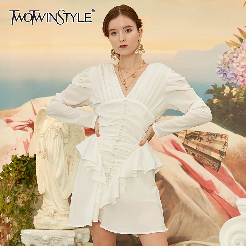 

TWOTWINSTYLE Elegant Ruched Patchwork Ruffle Dress For Women V Neck Puff Sleeve High Waist Dresses Female 2020 Fashion Clothing