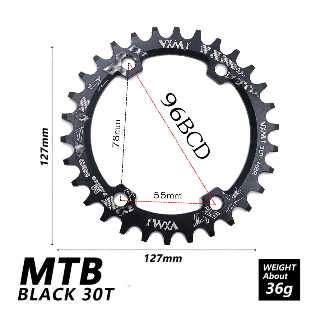 Велосипедный Кривошип 104BCD/96BCD MTB 30T бензопила из алюминиевого сплава узкая широкая цепь круглый бензопилой цикл запчасти для велосипеда - Цвет: 96BCD 30T Black