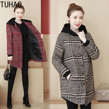 

TUHAO Autumn Winter Wool Coat Large Size 5XL 4XL 3XL Women's Hoodies Thick Woolen Coats Long Plaid Woolen Clothing WM25