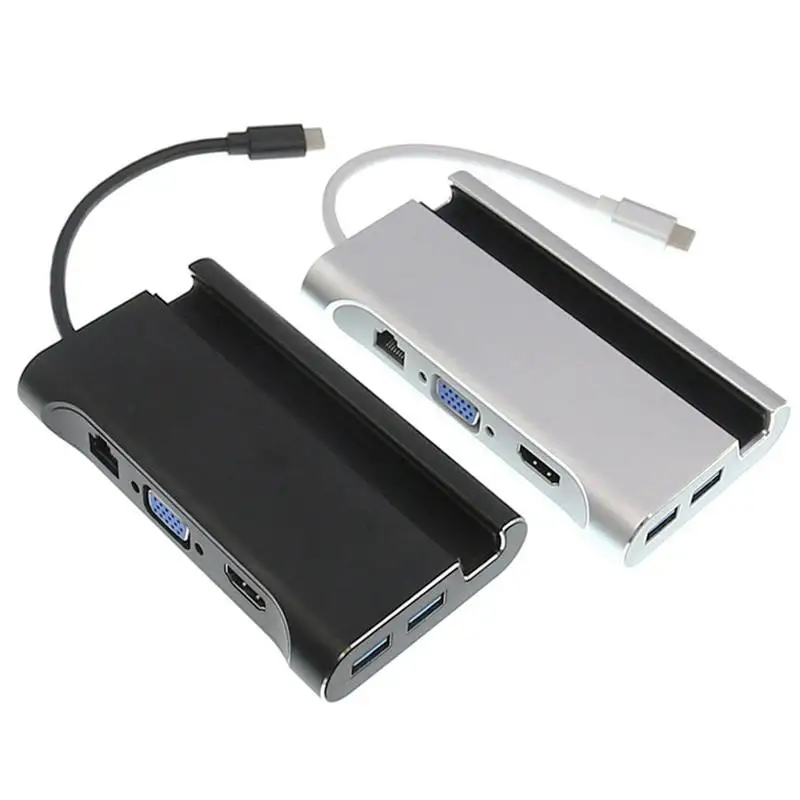 7 в 1 Usb C до 4K Hdmi Vga Rj45 Ethernet Usb 3,1 порт type C зарядный адаптер концентратор Черный
