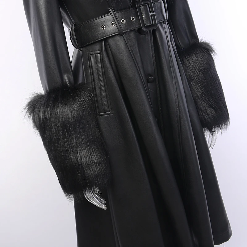 WannaThis Faux Leather Fur Coat Women With Belt Warm Thick Outwear PU Leather Streetwear Female Elegant Outwear Long Coat Green