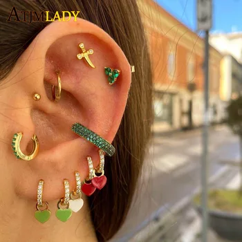 

red pink green blue colorful Neon enamel heart women jewelry minimal declicate mini cz hoop cute lovely heart charm earrings