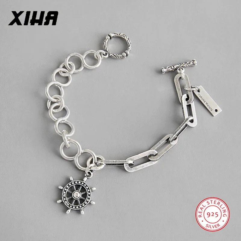 925 пробы серебряные звенья цепи браслеты для женщин мужчин OT Переключить застежками ювелирные изделия геометрический Круглый Винтаж Шарм Браслет