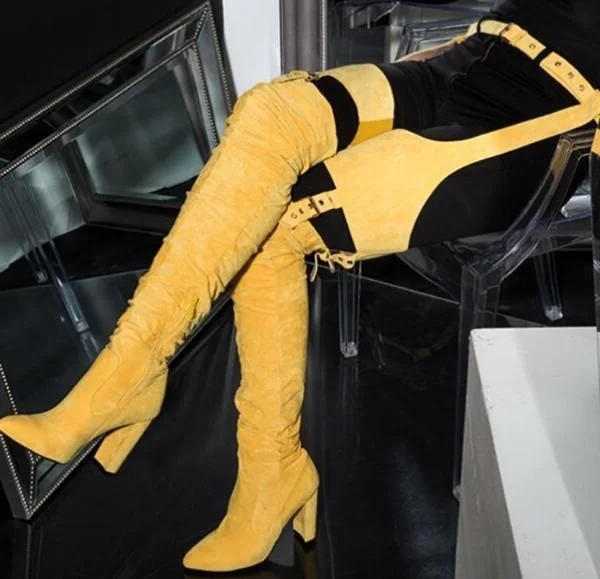 Special Design Woman Pointed Toe Over The Knee Buckles Sexy Pants Belts Boots High Heel Square Toe Long Boots Lady Autumn Shoes