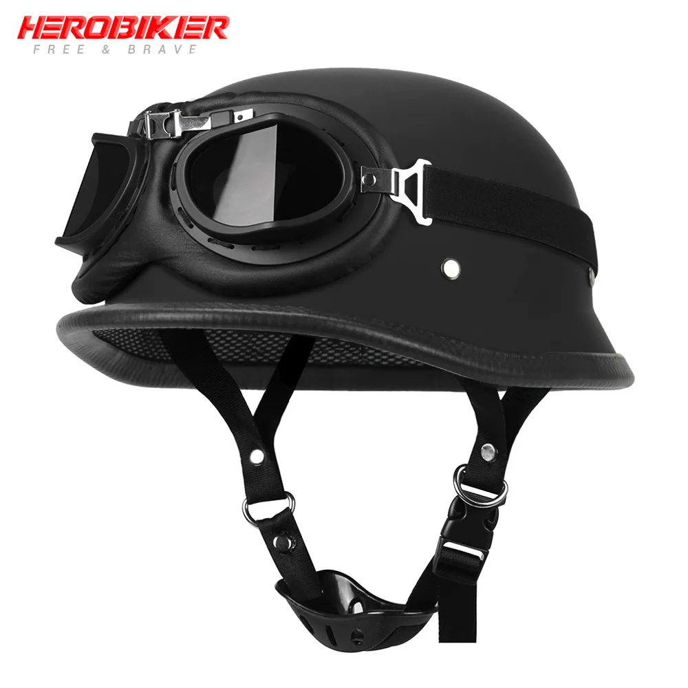 HEROBIKER мотоциклетный шлем немецкий кожаный стиль Пилот Мотоцикл открытый лицо ретро Половина шлем круиз Чоппер Байкер пилот точка S - Цвет: Matte-black-glass-02